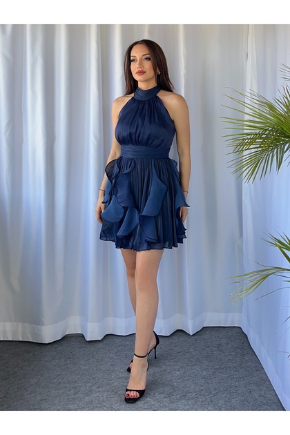 Ruffled Skirt Satin Halter Neck Evening Dress