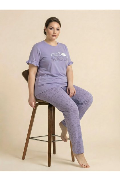 Women's Pajama Set Large Size 100% Cotton Short-Sleeved Cloud Pattern Bow Detailed Purple Color Top-Bottom Set