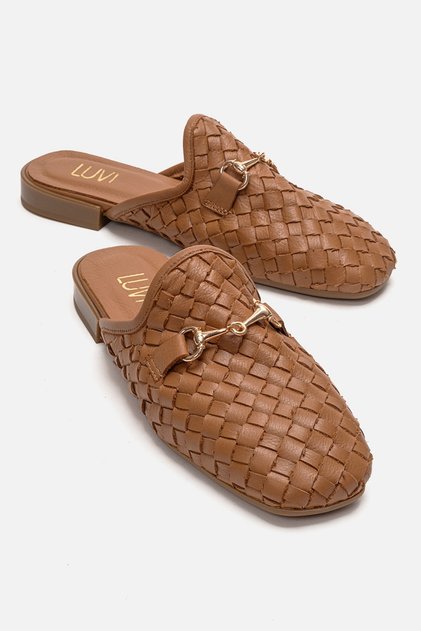 Senia Tan Knitted Genuine Leather Buckle Closed-Front Women's Slippers