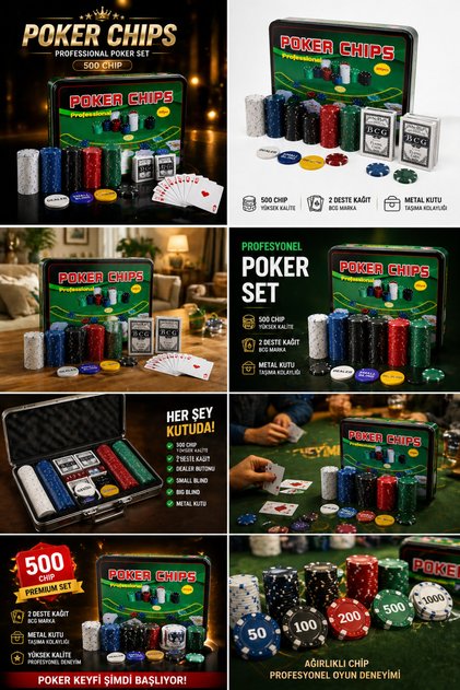 Metal Kutulu Poker Takımı 500 Chip + 2 İskambil Kartı + Çuha Ev ve Arkadaş Buluşmaları İçin Örtülü