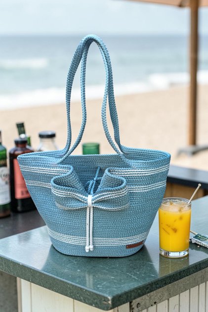 Ribboned Beach Pool Bag and Hat Set Multi-Purpose Washable Decorative Bag and Hat