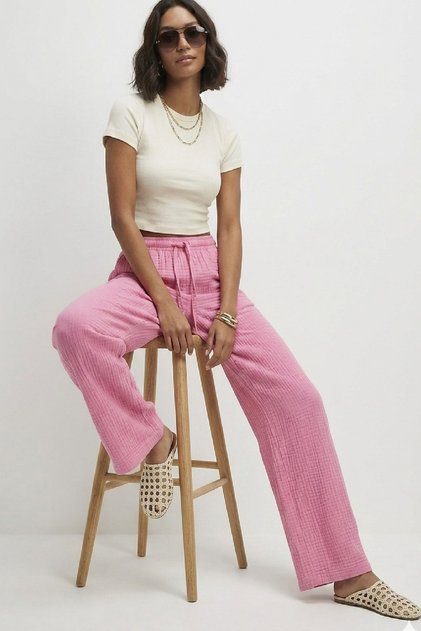 Women's Pink Muslin Wide Leg Pants with Elastic Waist (4356)