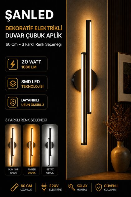 Dekoratif 20W İç Mekan Siyah Kasa 3 renkli Işık 60 cm Duvar Aplik Elektrikli 1 Adet