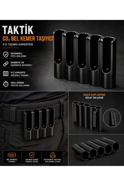 Taktik CO2 Kartuş Taşıyıcı 5’li – Bel Kemer Aparatı | Hızlı Erişim, Dayanıklı PETG