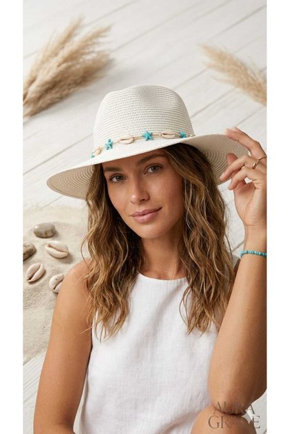 Handcrafted Blue Starfish and Seashell Embroidered Internal Adjustable Summer Beach White Straw Hat Premium Uv Wide Brim