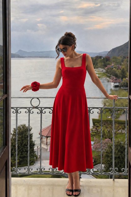 Kadın Kırmızı Füsun Modeli Kare Yaka Gül Aksesuar Detaylı Şık Maxi Boy Kloş Elbise 25L8250
