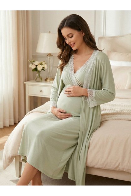 New Season Green Maternity Summer Elegant Lace Detailed Design Short Sleeve 100% Cotton Dressing Gown Nightgown Set