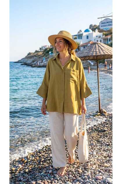 Wwomen Bengalin %100 Pamuk Yarasa Kol Modeli Tek Cepli Gömlek