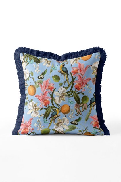 Tropical Parrot Orchid and Citrus Patterned Fringed Exotic Throw Pillow Cover