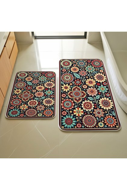 Round Colorful Flowers Bath Rug Mat