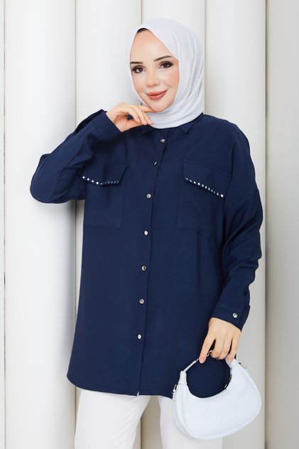 Women's Stone Embellished Pocketed Shirt Tunic