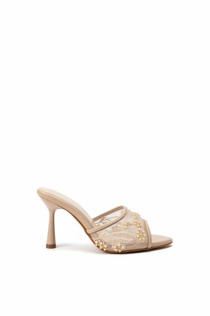 Dodi Beige Lace Bead Embroidery Detailed Women's Heeled Slippers