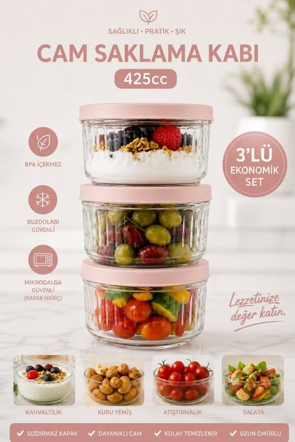 3-Piece Glass Storage Container with Lid Transparent Glass Jar for Kitchen and Refrigerator Use Powder 425 Cc