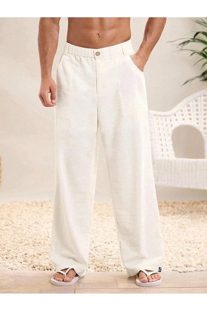 Men's Cream Wide-Leg Linen Trousers with Elastic Waist, Comfortable Cut, Summer Premium Trousers