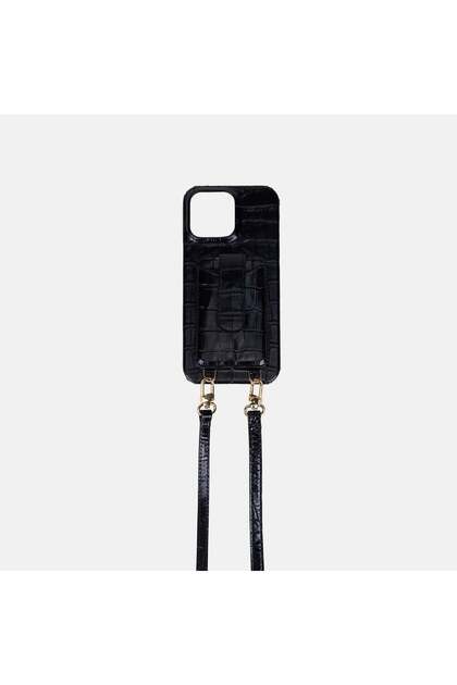 iPhone 16 Pro Max Black Leather Phone Case with Removable Strap