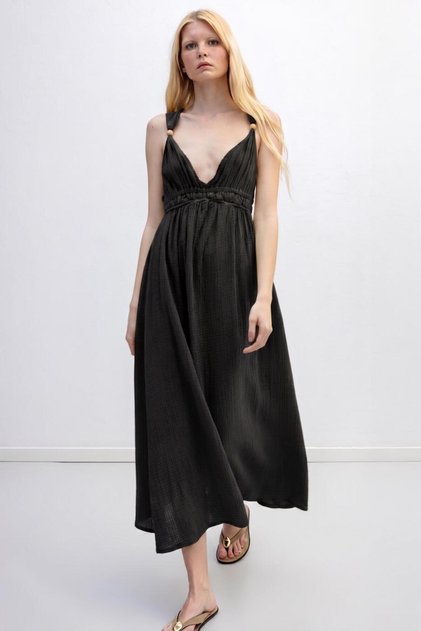 Askılı V Yaka Cotton Midi Elbise