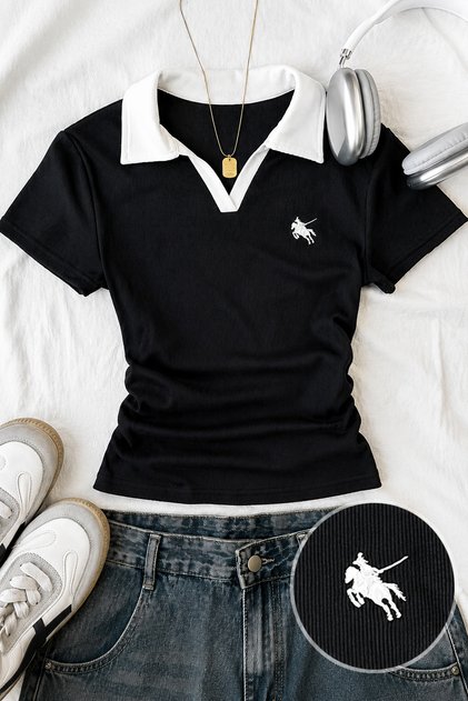 Soul Black Polo Collar Embroidery Detailed Ribbed Lycra Premium Drawstring Short Sleeve Blouse