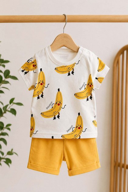 Banana Printed Unisex Baby Top and Bottom Set Summer Shorts 2-Piece Set Cotton Casual Baby Combination