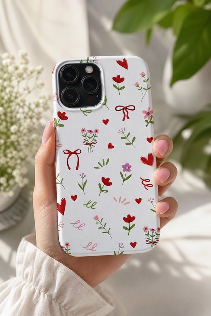 iPhone 15 Pro Max Compatible Launch Silicone Heart and Ribbon Pattern Shock Absorbing Case White