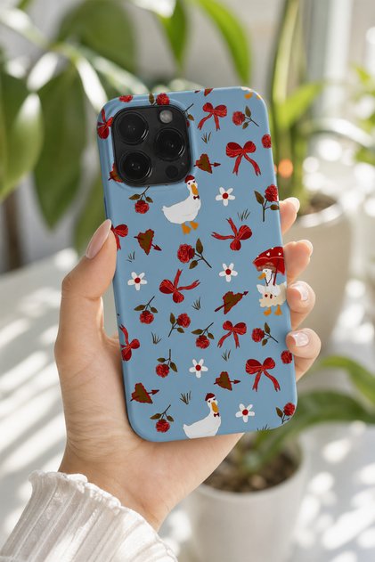 iPhone 15 Pro Max Compatible Launch Silicone Duck and Ribbon Pattern Shock-Absorbing Case Blue