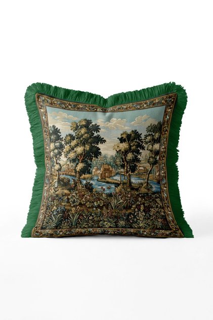 Pastoral Tapestry Landscape Patterned Fringed Throw Pillow Cover - Green Tassel Tapestry Pillowcase