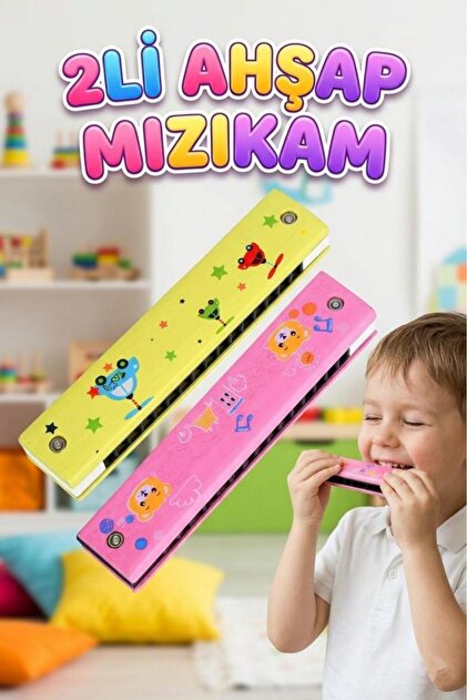 Tıfıl Toys 2'li Ahşap Çocuk Mızıka Seti! 16 Delikli 12cm Renkli