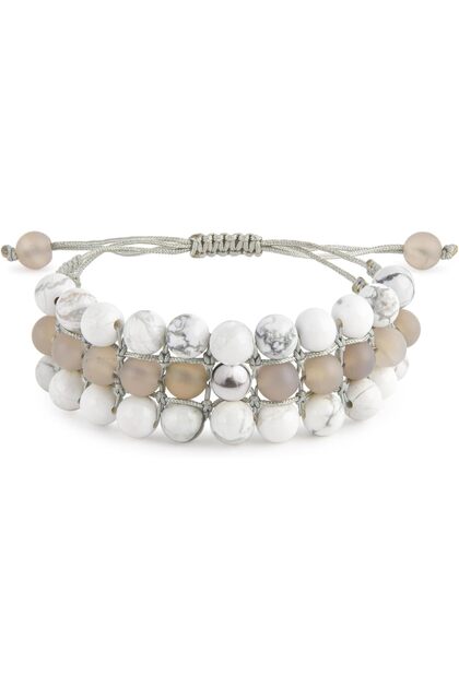 India Women's Bracelet, 925 Sterling Silver, Beaded Woven Bracelet, with Howlite & Agate, Handmade Adjustable Jewelry