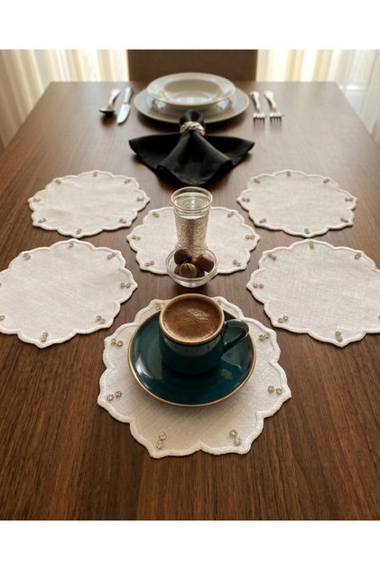 Zircon stone embellished, custom-made set of 6 embroidered coffee napkins, cocktail napkins, party napkins.