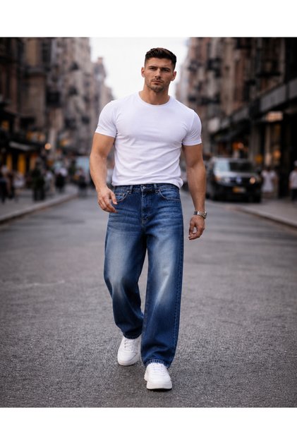 Erkek SU Mavi Baggy Jean Pantolon Rahat Kalıp Geniş Paça Denim Kot