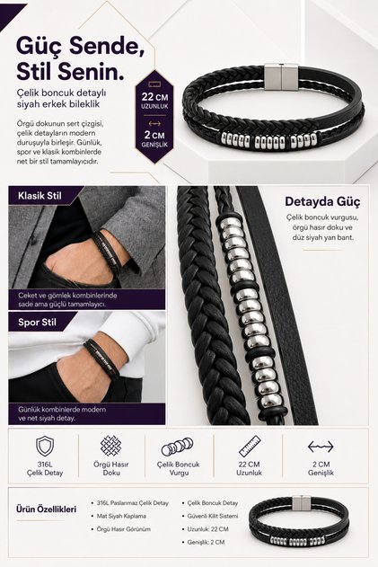 Braided Black Steel Men's Bracelet Streetwear Casual Style