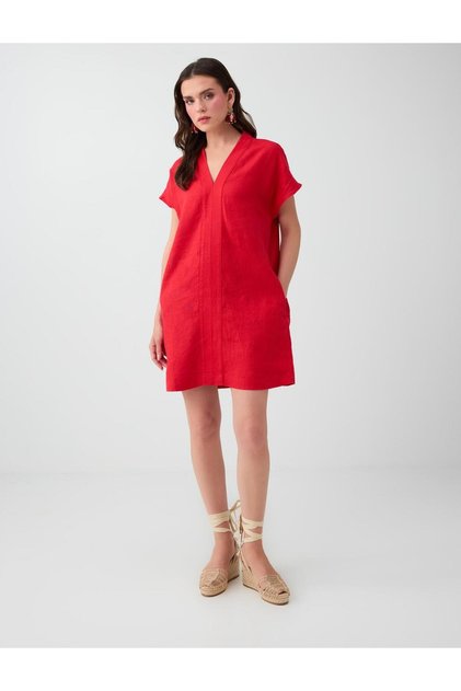 Red 100% Linen V-Neck Straight Cut Dress