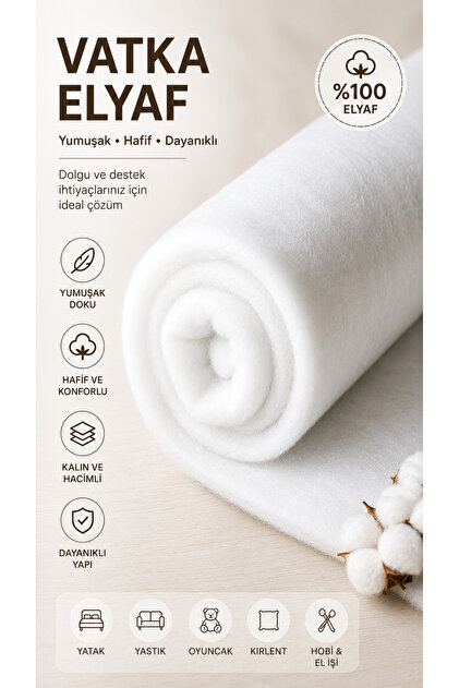 1 Metre Vatka Elyaf - 1.Kalite Elyaf 90 Gr Eni 210 Cm - Döşeme, Tekstil ve Hobi İçin Elyaf Dolgu Vatka Elyaf