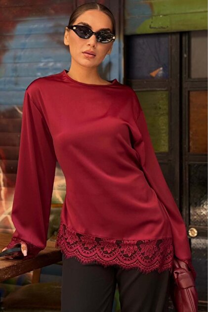 Burgunderfarbene asymmetrische Spitzenbluse mit langen Ärmeln aus Satin MG2799