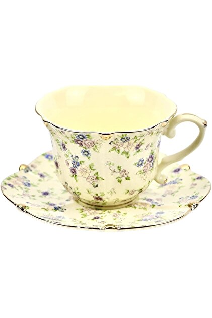 3-Piece Bone China Tea Cup and Saucer Set,Vintage Style Floral Pattern,8.5 Ounce Yellow,For Women Tea Parties