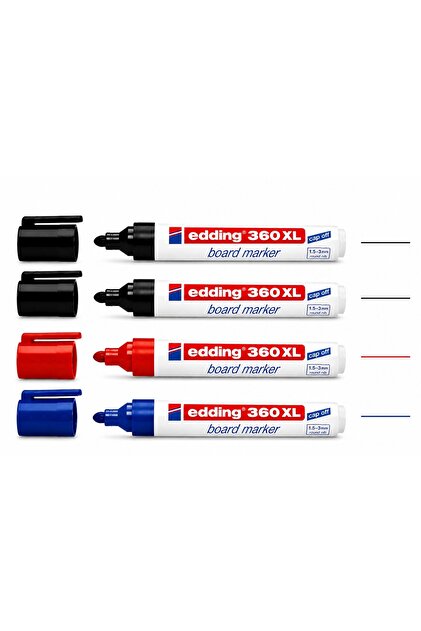 360 XL 4’lü Tahta Kalemi Seti, 2 Siyah 1 Mavi 1 Kırmızı, Silinebilir Whiteboard Marker, 1.5-3 mm Yuvarlak Uç, Doldurulabilir Yazı Tahtası Kalemi