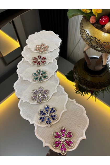 Renkli kristal taş işlemeli çiçek model 6 lı kahve sunum peçetesi