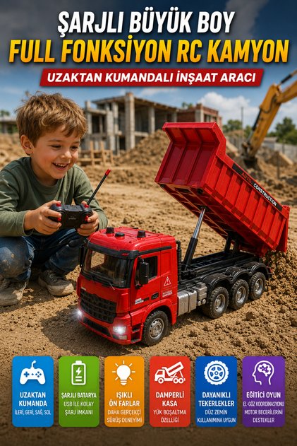 Şarjlı Uzaktan Kumandalı RC Damperli Kamyon Büyük Boy Işıklı İnşaat Oyuncağı