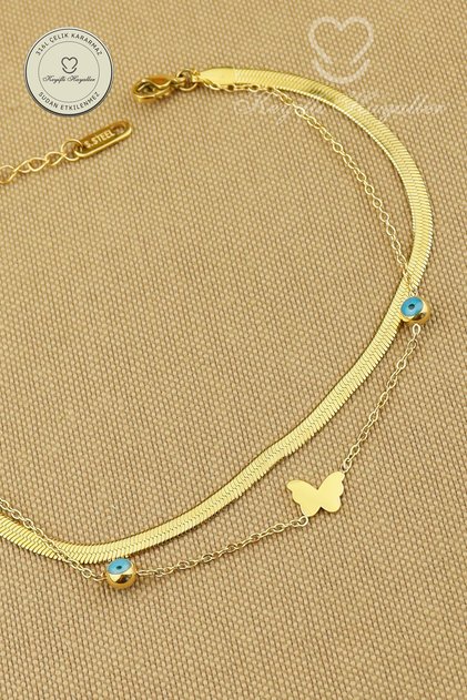 316L Steel Anklet - Butterfly with Evil Eye Beads Italian Crushed Chain Combination 316L Steel Anklet 21+5cm