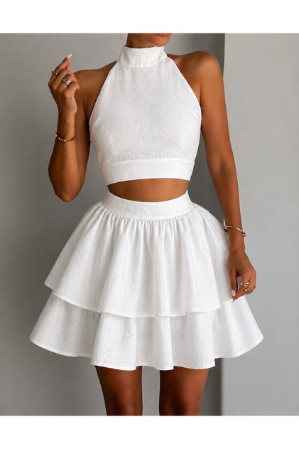 Set Dama Top Si Fusta Cu Volane Alb Taormina