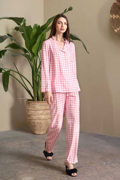 New Season Women's Pink Plaid Lace Detailed Front Buttoned Special Design Pajama Set