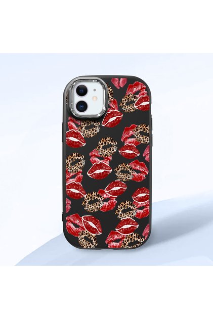 iPhone 12 Compatible Case with Camera Protection Black Silicone Couple Phone Case with Kiss Pattern