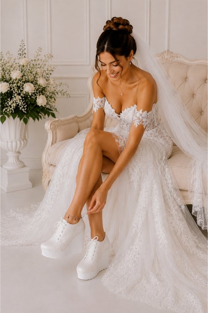 White Wedge Heeled Bridal Shoes with Pearl and Lace Detail