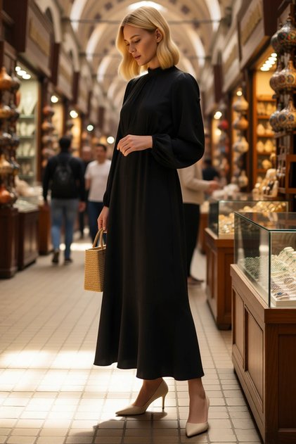 Women's Maxi Dress Balloon Sleeve High Neck Jacquard Woven Unlined Relaxed Fit Casual Modern Stylish Comfortable