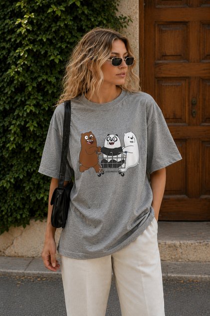 Cute Bear Characters Printed Unisex Oversize T-Shirt – Cotton Crew Neck Casual T-Shirt