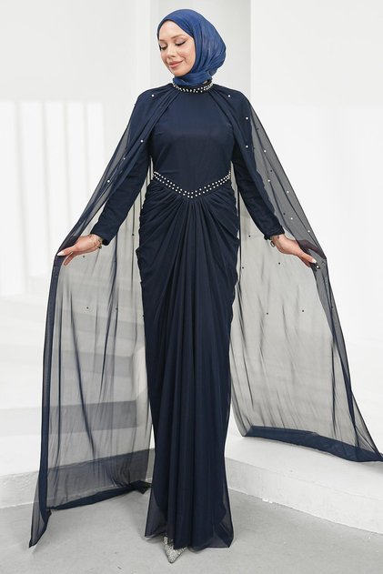 Navy Blue Shoulder Cape Pearl Embellished Evening Dress