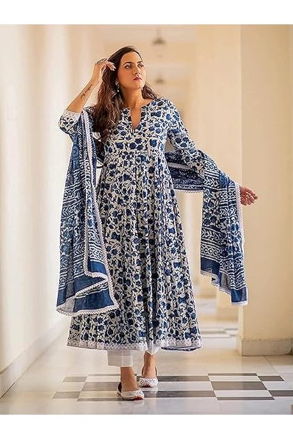 Blue & White Floral Printed Anarkali Kurta Set with Dupatta - RUS1004 | Blue-7XL