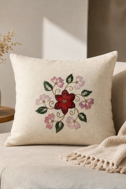 42X42 cm Padded Embroidered Throw Pillow | Floral Patterned Decorative Linen Pillow