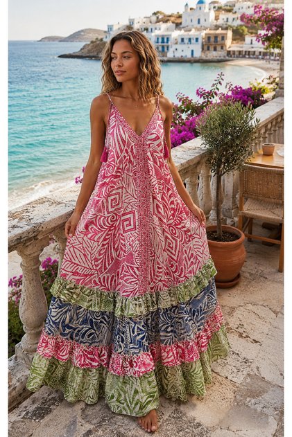 Multicolored Ruffled Backless Summer Dress 70% Silk