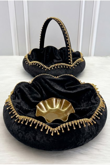 Black Bridal Henna Night Tray Basket Set, Velvet Shiny Stone Decorated, Engagement, Wedding, Marriage, Promise