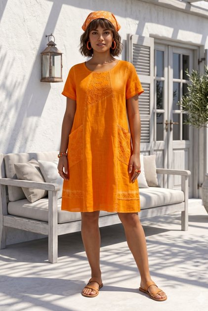 Orange Pool Collar Short Sleeve Pocketed Lined Embroidered Washable Casual Cotton Woven Dress 105 52
